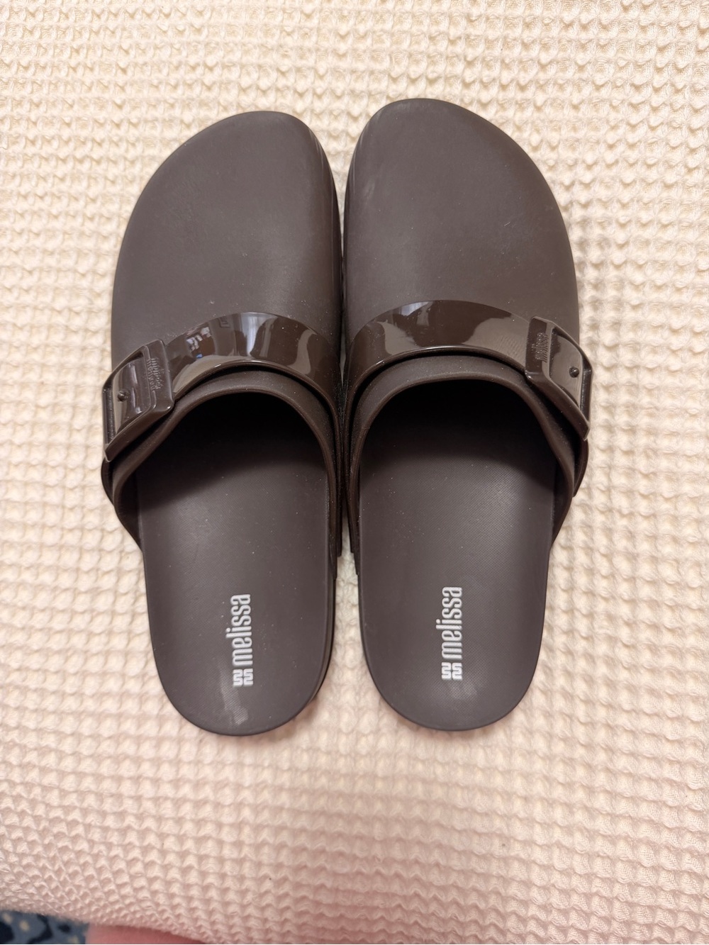 Melissa Chocolate Brown Slip-On Clogs with Gloss Strap
